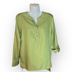 Zooey Leelo Top Shirt Womens Sm Pistachio Green Wood Button 3/4 Sleeve Lagenlook